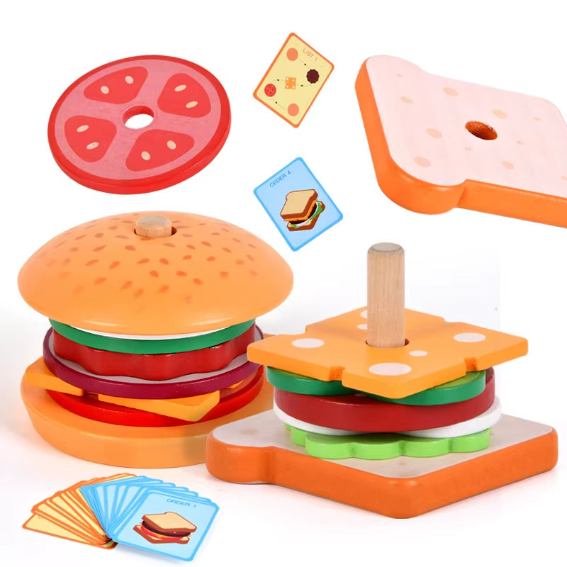 Montessori Wooden Play Food Set – Encouraging Fine Motor Skills Through Stacking & Sorting Fun!