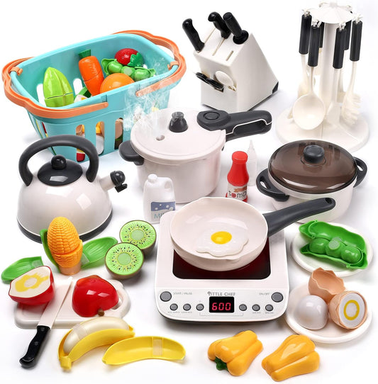 Pretend Play Kitchen Toy with Cookware Steam Pressure Pot and Electronic Induction Cooktop, Cooking Utensils, Toy Cutlery, Cut Play Food, Shopping Basket Learning Toy for Girls Boys