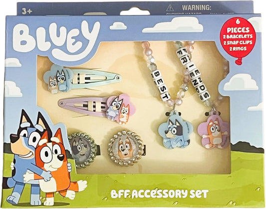 Bluey BFF Jewelry Box Set for Girls – 6-Piece Toy Set with Rings, Bead Bracelets & Hair Clips – Dress-Up Accessories for Toddlers & Kids Ages 3+