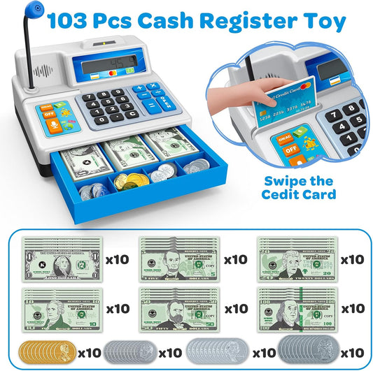 Educational Calculator Cash Register Toy – 103 Pcs Grocery Store Playset with Microphone & Credit Card, Learning Gift for All Kids, Helpful for Autism, ADHD & Special Needs Ages 3–8+