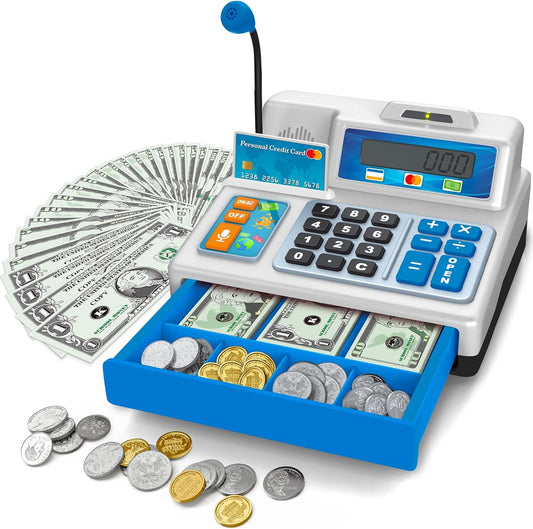 Educational Calculator Cash Register Toy – 103 Pcs Grocery Store Playset with Microphone & Credit Card, Learning Gift for All Kids, Helpful for Autism, ADHD & Special Needs Ages 3–8+