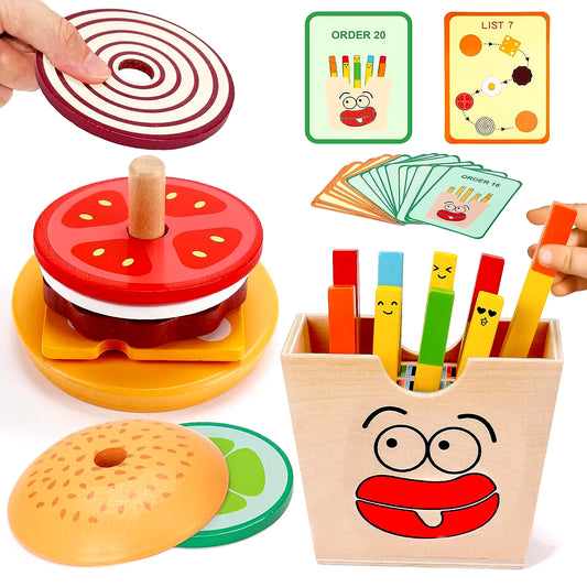 Montessori Wooden Play Food Set – Encouraging Fine Motor Skills Through Stacking & Sorting Fun!