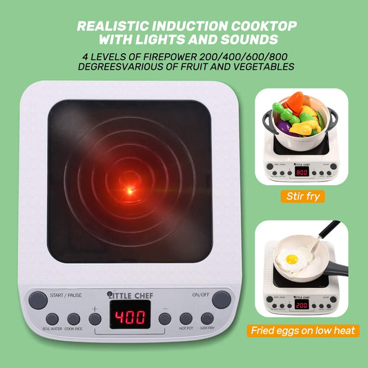Pretend Play Kitchen Toy with Cookware Steam Pressure Pot and Electronic Induction Cooktop, Cooking Utensils, Toy Cutlery, Cut Play Food, Shopping Basket Learning Toy for Girls Boys